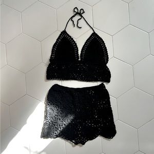 Nova Swim Black Crochet Halter Top Bikini 2 piece Swimsuit Cover Up